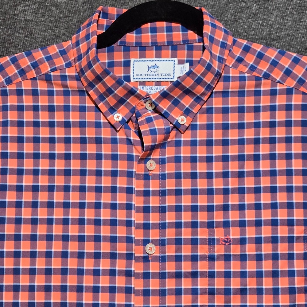 Southern Tide Intercoastal Short Sleeve Shirt Large Blue Orange Gingham Plaid